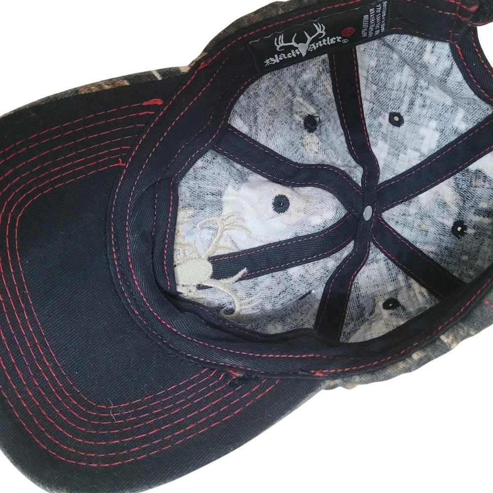 Black Antler Camo Hunting Hat Adjustable Strap Embroidered Antlers Cap - Picture 6 of 8